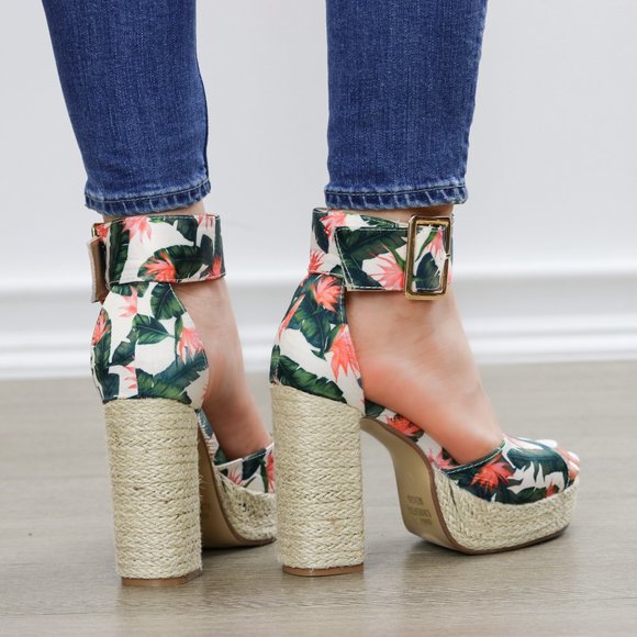 Floral Print Platform Espadrilles, Ankle Buckle - Picture 4 of 11